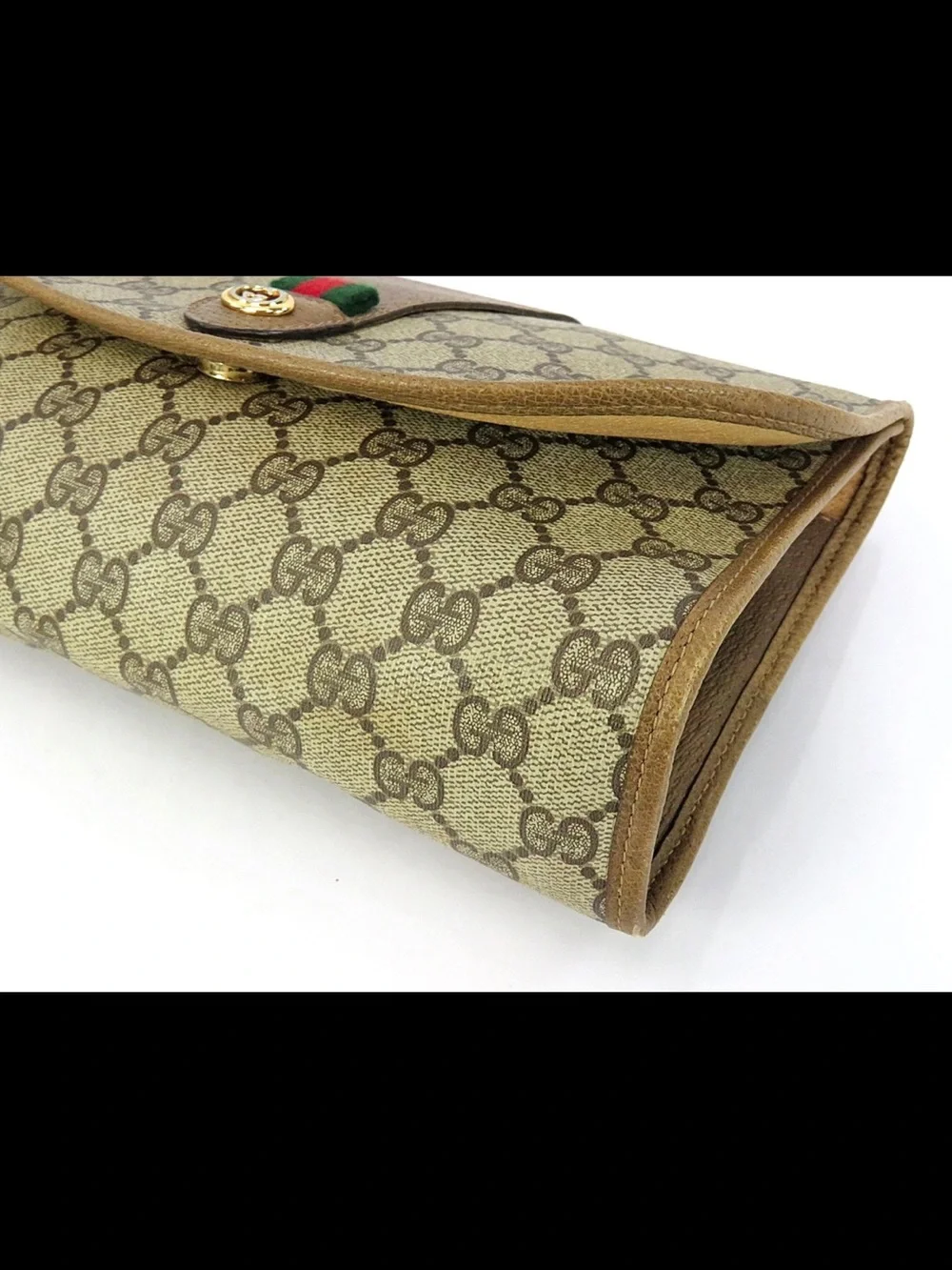 Gucci Beige GG Canvas Clutch with Green-Red Web Accent